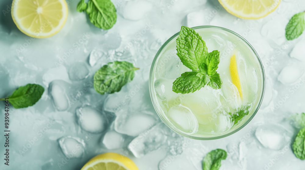 Refreshing mint lemonade with ice and lemon slices displayed on a cool surface Refreshing mint lemonade with ice and lemon slices displayed on a cool surface