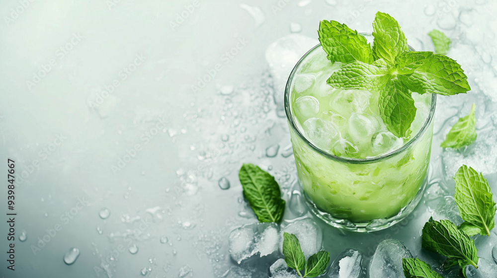 Refreshing mint cocktail with ice served on a chilled surface during summer afternoon Refreshing mint cocktail with ice served on a chilled surface during summer afternoon