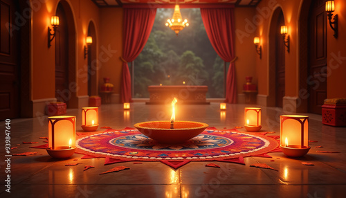 A Diwali-themed decoration featuring glowing lanterns and a vibrant rangoli pattern on the floor enhancing the festive mood. photo