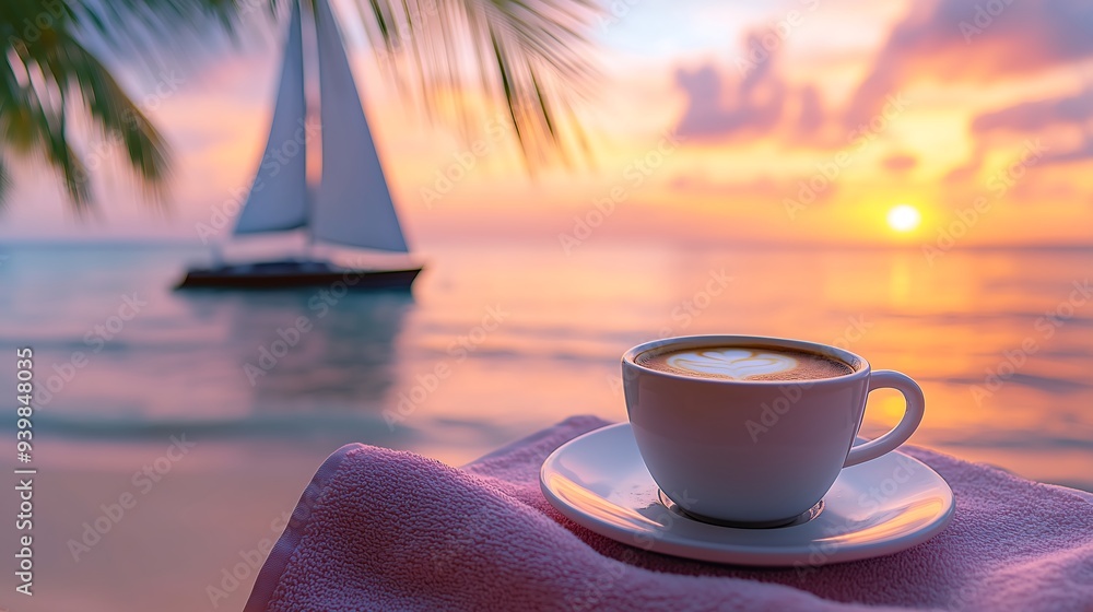 Steaming coffee cup on table with tropical sunset view Steaming coffee cup on table with tropical sunset view