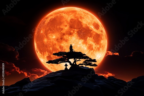 A stealthy ninja moving silently across the rooftops under a full moon, with a traditional Japanese castle in the background, embodying the mystery and skill of these covert warriors photo