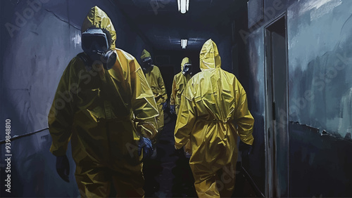 Scientists in Hazmat Suits Walking Down a Dark Corridor Oil on Canvas Illustration Laboratory Hazmat Suits Containment Protocols Dark Research Facility Biohazard