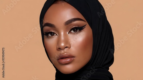 Striking Close-Up Portrait of a Black Woman with Bold Makeup and a Black Hijab, Exuding Confidence and Grace