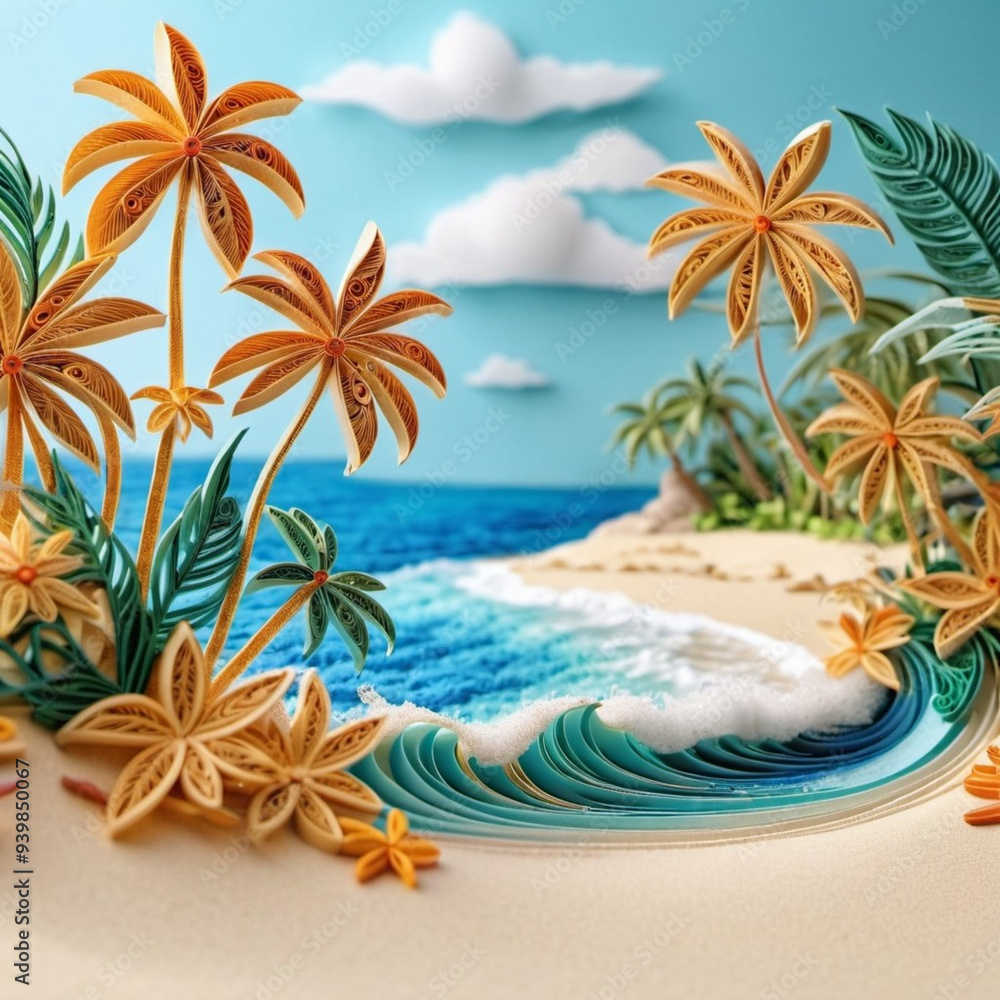 Serene beach scene with gentle waves, sandy shoreline, and palm trees casting shadows. The bright colors and soft brushstrokes create peaceful atmosphere. Generated AI. Sunny beach holidays travel Serene beach scene with gentle waves, sandy shoreline, and palm trees casting shadows. The bright colors and soft brushstrokes create peaceful atmosphere. Generated AI. Sunny beach holidays travel