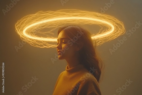 Woman with a glowing halo of light encircling her head symbolizing enlightenment inner peace and spiritual awakening in a serene minimalistic environment