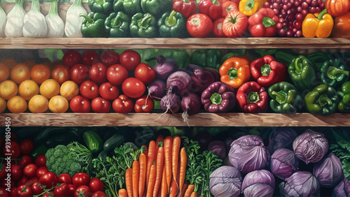 Shelf with Fresh Vegetables in a Shop Oil on Canvas Illustration Colorful Produce Assorted Vegetables Grocery Store Display Vibrant Colors Detailed Textures Organic Items Market