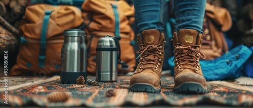 Close-up of hiking and camping gear, backpacks, water bottles, and leather ankle boots