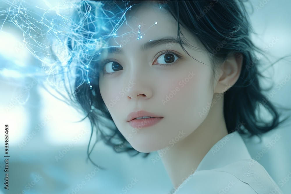 Woman with glowing neural activity around her head symbolizing creativity inspiration and the dynamic energy of thought in a bright futuristic setting Woman with glowing neural activity around her head symbolizing creativity inspiration and the dynamic energy of thought in a bright futuristic setting
