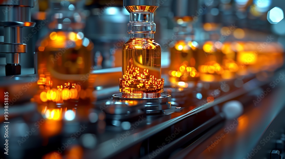 Medicine vials on automated assembly line with warm light Medicine vials on automated assembly line with warm light