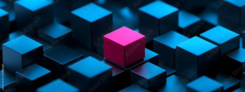 3D black cubes in an isometric perspective. The background features a dark blue gradient with glowing accents, creating a futuristic and high-tech atmosphere 3D black cubes in an isometric perspective. The background features a dark blue gradient with glowing accents, creating a futuristic and high-tech atmosphere
