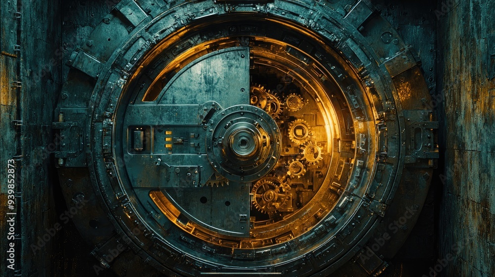 Massive Industrial Vault Door with Glowing Gears and Intricate Mechanisms in a Dimly Lit Room Massive Industrial Vault Door with Glowing Gears and Intricate Mechanisms in a Dimly Lit Room