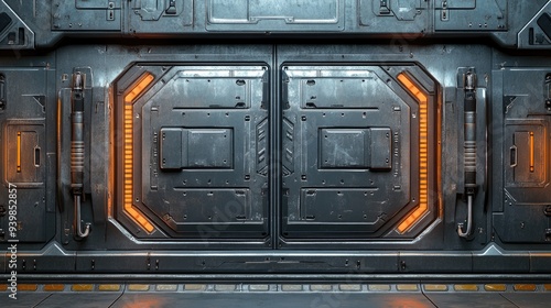Fototapeta Naklejka Na Ścianę i Meble -  Futuristic Metal Door with Orange Lights in a Sci-Fi Setting