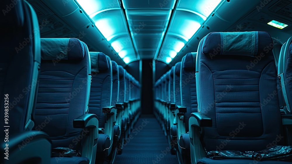 Fototapeta premium Empty Airplane Seats with Blue Ambient Lighting