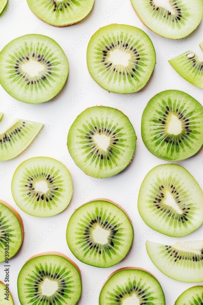 Kiwi fruit slices arranged neatly on a white background, showcasing their vibrant green color Kiwi fruit slices arranged neatly on a white background, showcasing their vibrant green color