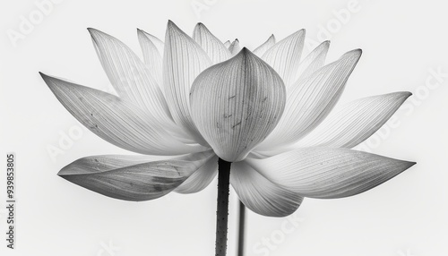 Lotus flower in black white, isolated against a white backdrop, highlighting its delicate petals