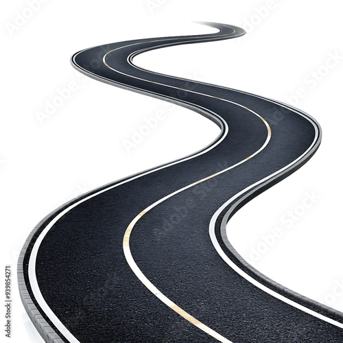 Winding road on white background, Curvy black asphalt road with white centerline, Serpentine highway isolated on white