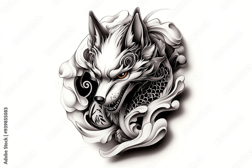 A tattoo design of the nine-tailed fox, with its flowing tails wrapping ...