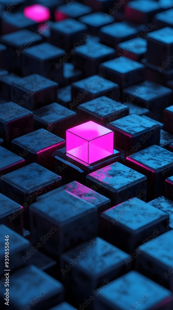 3D black cubes in an isometric perspective. The background features a dark blue gradient with glowing accents, creating a futuristic and high-tech atmosphere 3D black cubes in an isometric perspective. The background features a dark blue gradient with glowing accents, creating a futuristic and high-tech atmosphere