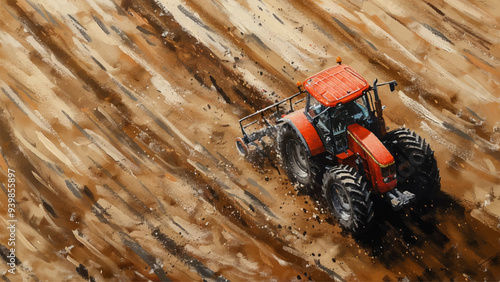 Top View Tractor Ploughing Field Acrylic on Canvas Illustration Agricultural Machinery Farm Field Soil Tilling Crops Rural Landscape Plowing Patterns Farm Equipment Farming Process