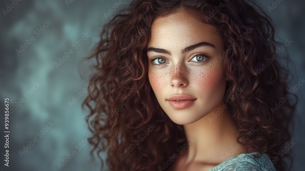 A stunning woman with curly hair and freckles radiates warmth in a captivating portrait. A stunning woman with curly hair and freckles radiates warmth in a captivating portrait.