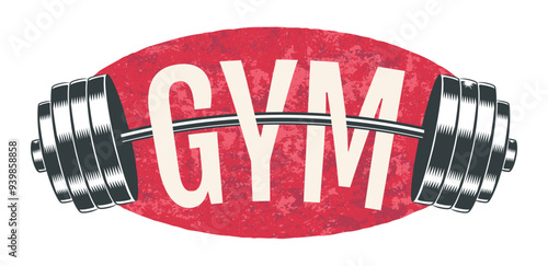 Vector vintage emblem for gym with barbell. Emblem of steel barbell for bodybuilding and fitness.