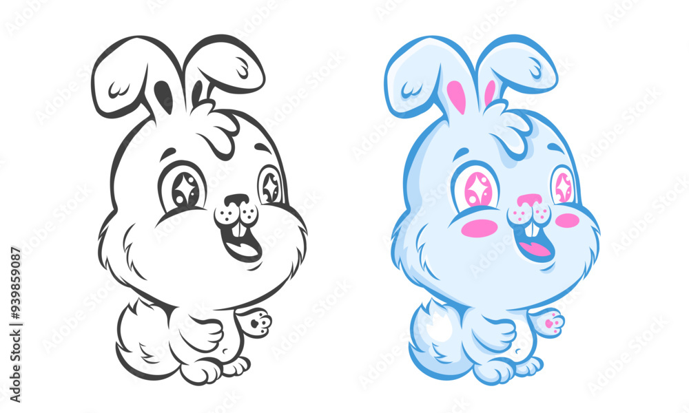 Vector illustration of a cute funny rabbit in kawaii style. Vector cute cartoon of bunny in line art style. Vector illustration of a cute funny rabbit in kawaii style. Vector cute cartoon of bunny in line art style.
