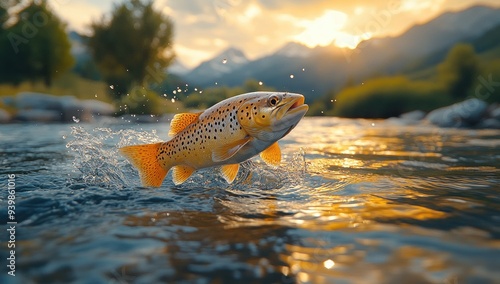 Trout Leaping in Mountain River at Sunset