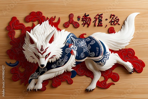 A traditional Korean painting of the nine-tailed fox, known as â€œKumiho,â€ depicted with both beauty and a sense of danger, embodying the dual aspects of its character photo