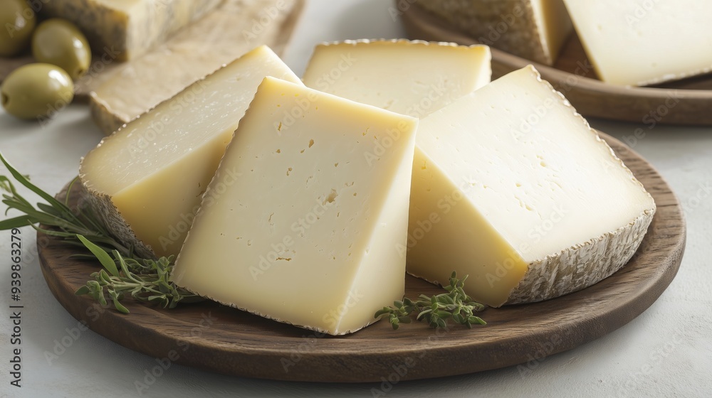 Aged Manchego cheese on a wooden platter, garnished with herbs and olives, exudes culinary delight. Aged Manchego cheese on a wooden platter, garnished with herbs and olives, exudes culinary delight.