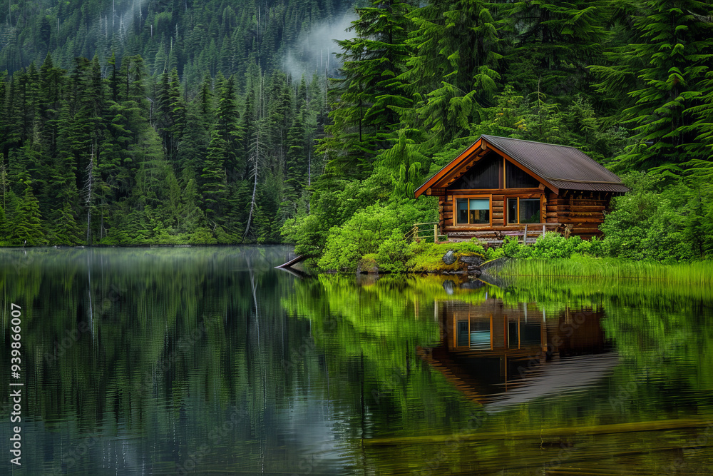 Serene Rustic Log Cabin by Mountain Lake Surrounded by Evergreen Forest in Tranquil Nature Setting, Ideal for Relaxation and Adventure Serene Rustic Log Cabin by Mountain Lake Surrounded by Evergreen Forest in Tranquil Nature Setting, Ideal for Relaxation and Adventure