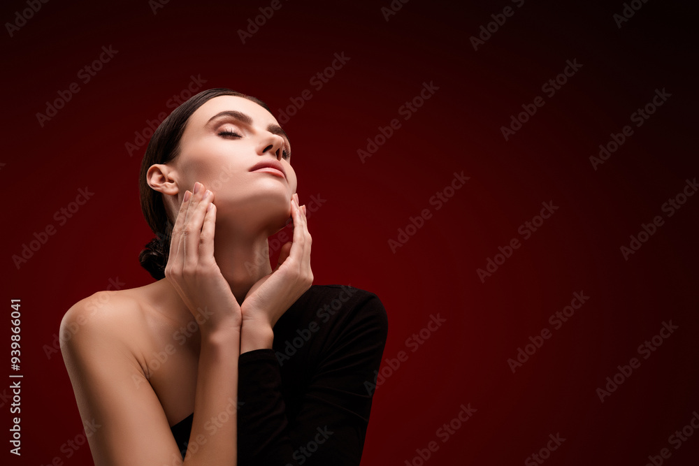 Photo of girl lady with closed eyes touch face feel passionate isolated red color background Photo of girl lady with closed eyes touch face feel passionate isolated red color background