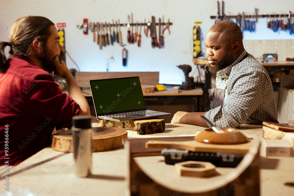 Manufacturers using CAD software on green screen laptop, debating wood design to use. Carpenters in assembly shop chatting, using program on mockup notebook to make furniture schematics