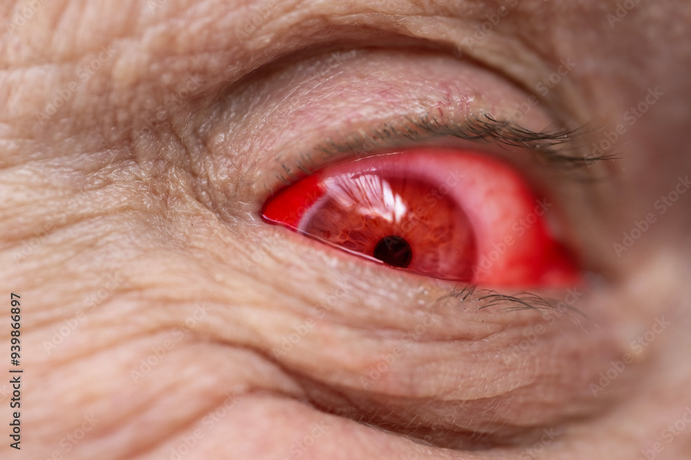 Obraz premium Bloodshot male vampire eye in close-up shot, revealing raw detail burst vessel and underlying stress, symbol of evil and cruelty, state of affect, halloween horror