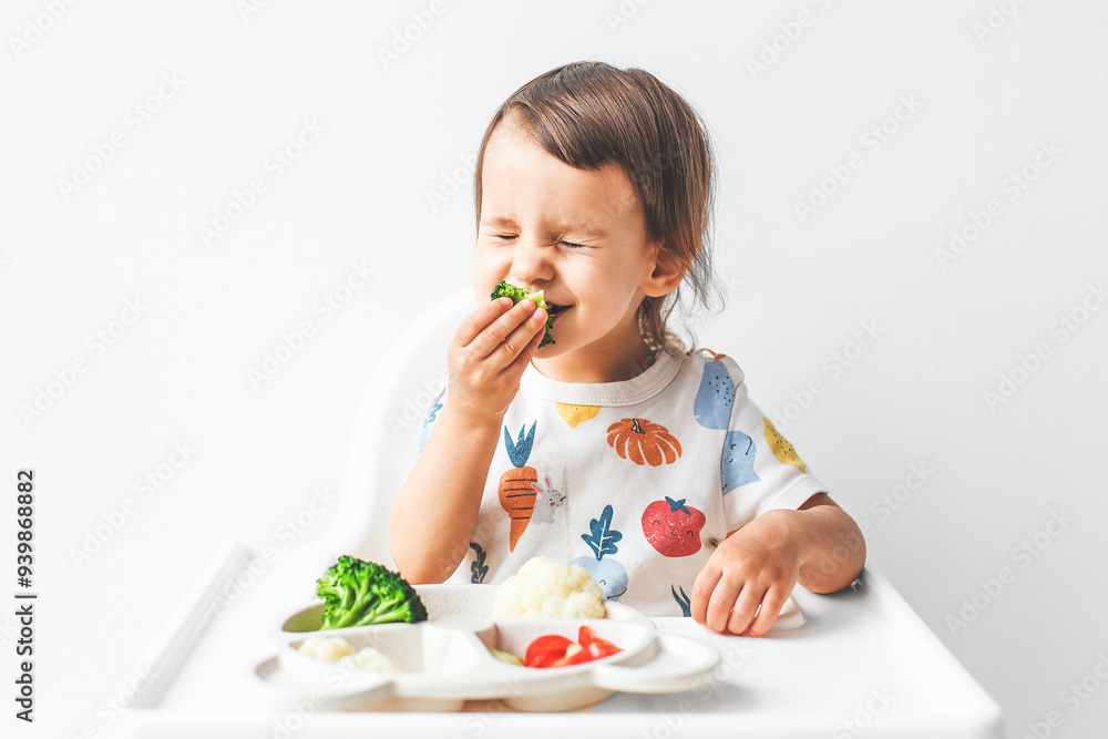 a happy child 1.5 years old sits in a high chair on a white background with a plate of vegetables, eats broccoli and grimaces, closing his eyes, concept of baby food and complementary feeding a happy child 1.5 years old sits in a high chair on a white background with a plate of vegetables, eats broccoli and grimaces, closing his eyes, concept of baby food and complementary feeding