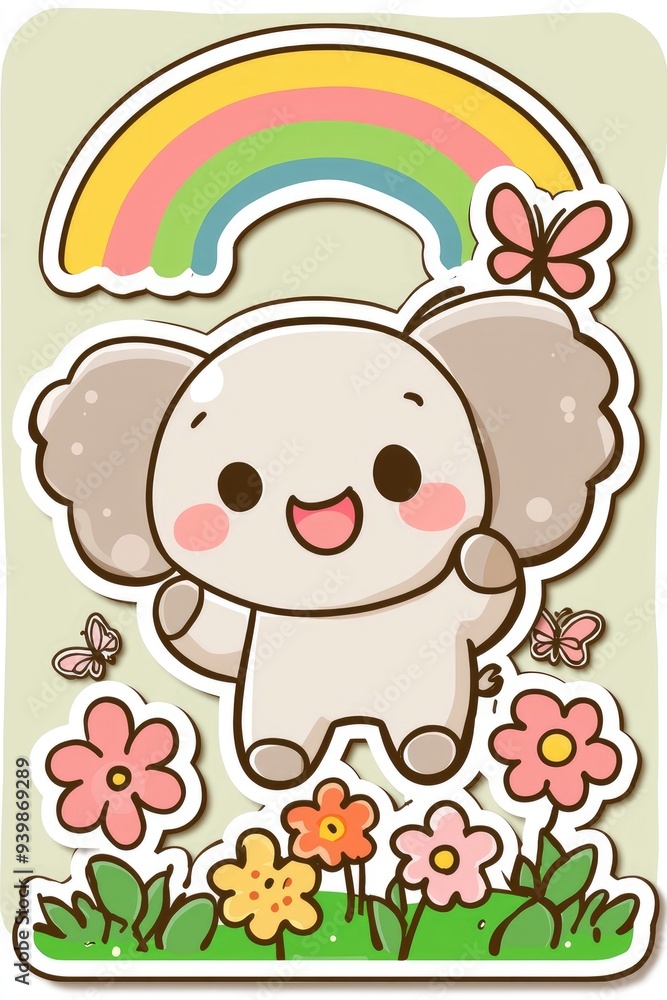 Fototapeta premium Cute Cartoon Elephant with Rainbow and Flowers