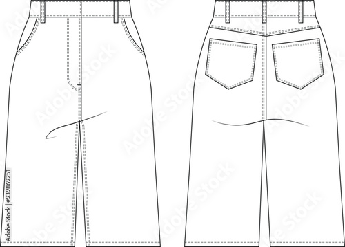 knee length high waist high rise mid rise mide waist wide leg straight bermuda short pant trouser denim jean template technical drawing flat sketch cad mockup fashion woman design style model
