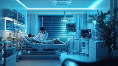 Modern hospital room with a doctor carefully checking the vitals of a patient lying in bed, surrounded by advanced medical equipment, with soft, lighting creating a calm and professional atmosphere.