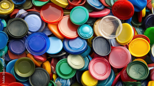 Colorful collection of plastic bottle caps in various shapes and sizes photo