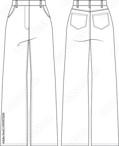 high rise high waist mid rise mid waist wide leg straight denim jean pant trouser template technical drawing flat sketch cad mockup fashion woman design style model
