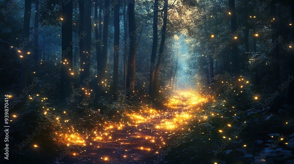 Mystical forest scene with glowing fireflies at dusk perfect for creating enchanted and whimsical backgrounds Mystical forest scene with glowing fireflies at dusk perfect for creating enchanted and whimsical backgrounds