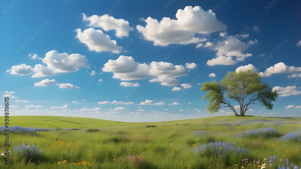 A high-definition capture of a clear blue sky with a few wispy clouds, viewed from a serene, grassy field with wildflowers dotting the landscape A high-definition capture of a clear blue sky with a few wispy clouds, viewed from a serene, grassy field with wildflowers dotting the landscape