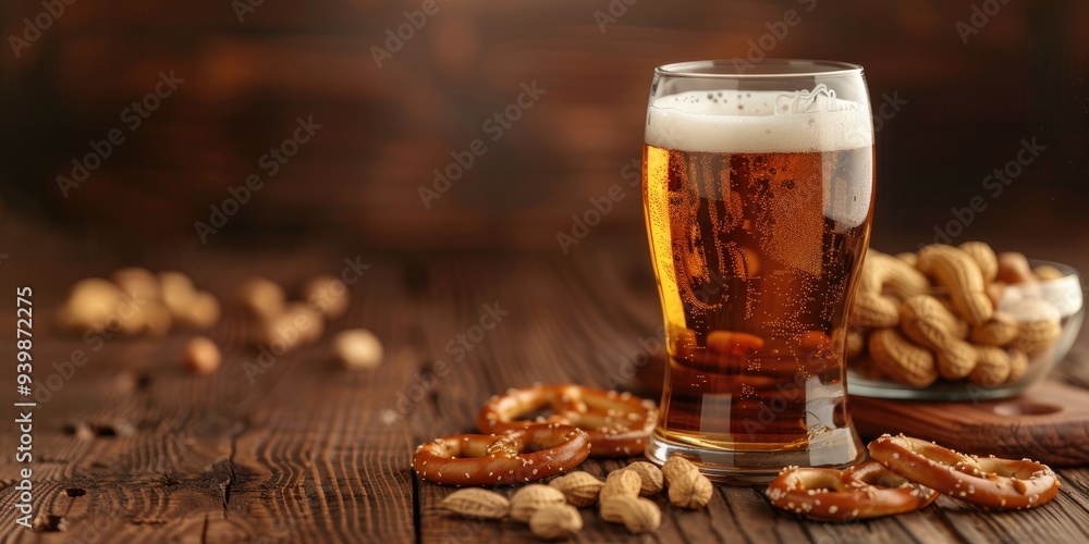 Beer served with pretzels and peanuts on the side Beer served with pretzels and peanuts on the side