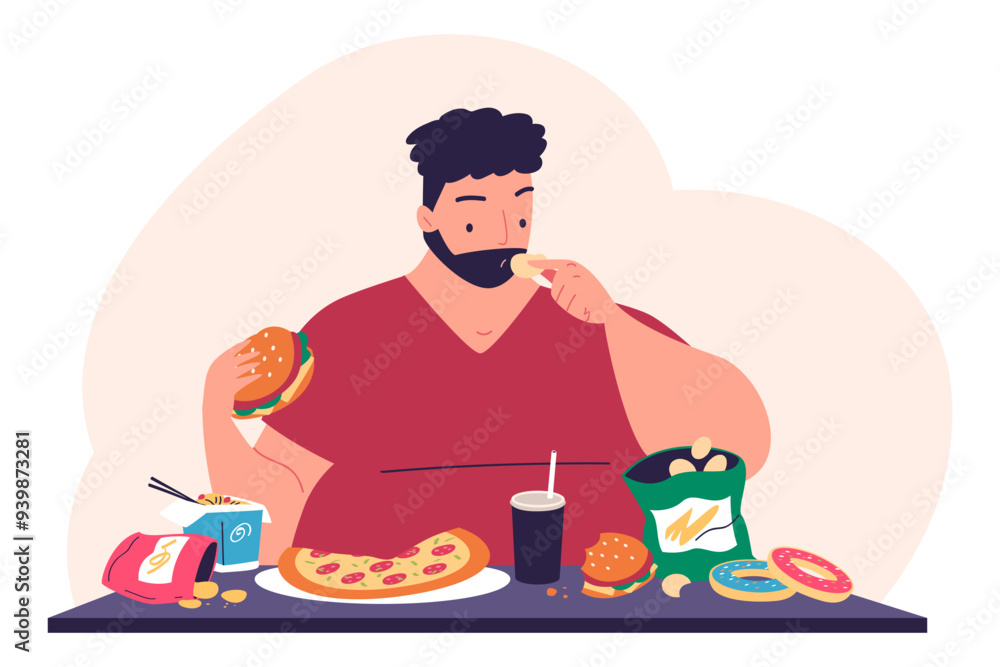 Binge eating disorder. Overeating problem, fat hungry man eat hamburger pizza unhealthy fast food addiction, obesity overweight or mental disease concept vector illustration Binge eating disorder. Overeating problem, fat hungry man eat hamburger pizza unhealthy fast food addiction, obesity overweight or mental disease concept vector illustration