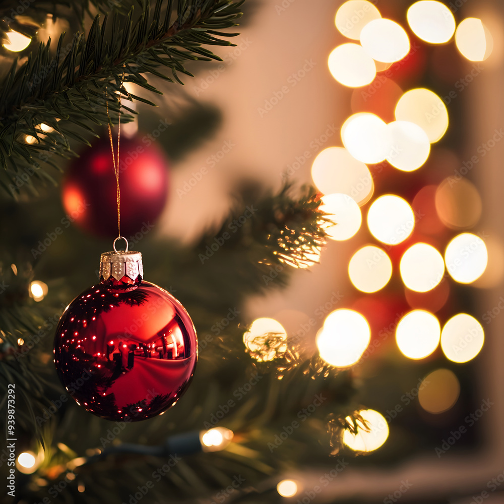A close-up of a red ornament hanging on a Christmas tree with glowing lights. Generative AI A close-up of a red ornament hanging on a Christmas tree with glowing lights. Generative AI