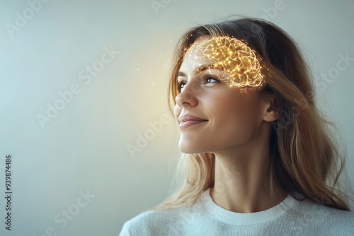 Portrait of a woman with a glowing brain overlay symbolizing the combination of intelligence creativity and the radiant energy of the mind in a bright and uplifting digital art style