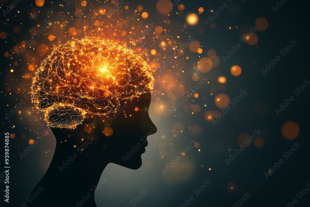 Silhouette of a woman with a glowing brain and sparks flying around symbolizing the fusion of thought creativity and energy in a dynamic and vibrant digital art style Silhouette of a woman with a glowing brain and sparks flying around symbolizing the fusion of thought creativity and energy in a dynamic and vibrant digital art style