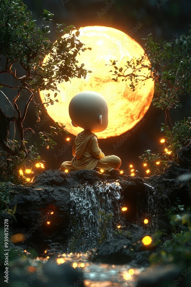 Fototapeta premium Enlightenment by Moonlight A Monk Meditates by a Waterfall