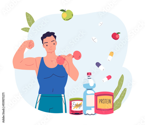 People sport nutrition. Atlete man with dumbbell and healthy food protein supplement for gym training bodybuilding exercise muscle power guy fitness workout vector illustration