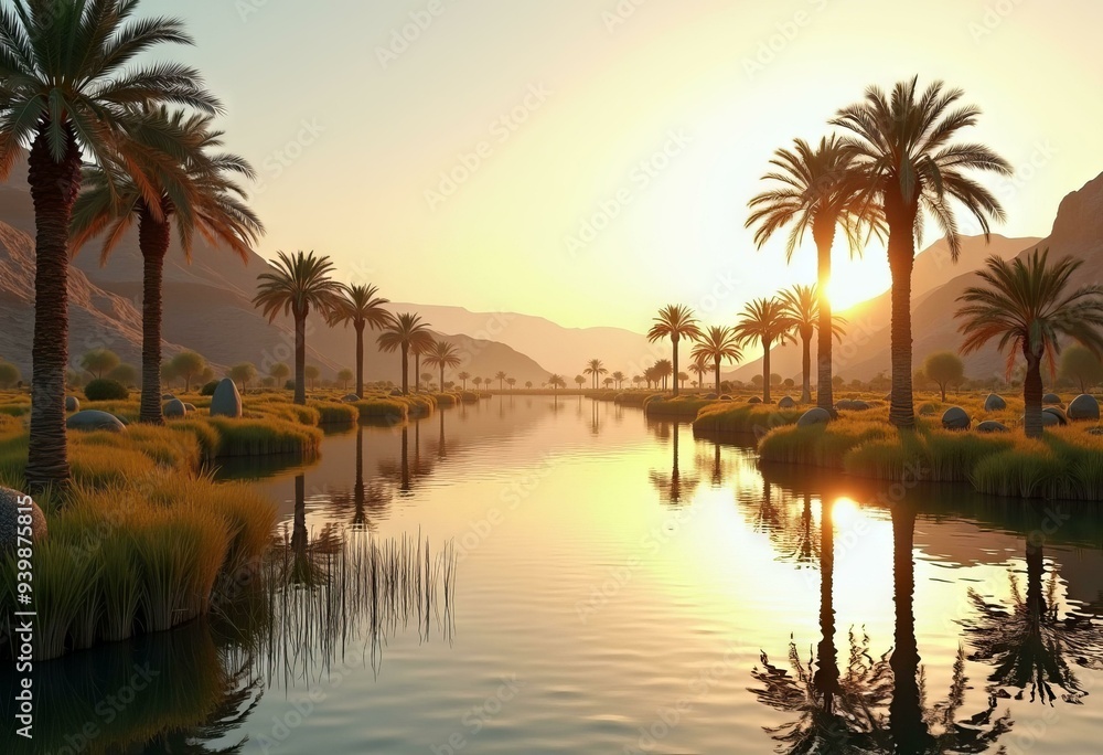 Obraz premium Sunset Oasis with Palm Trees and Rugged Mountains