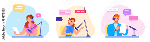 Radio presenters. Broadcast entertainment presenter characters record voice in microphone at broadcasting station media studio man and woman audio speaker vector illustration